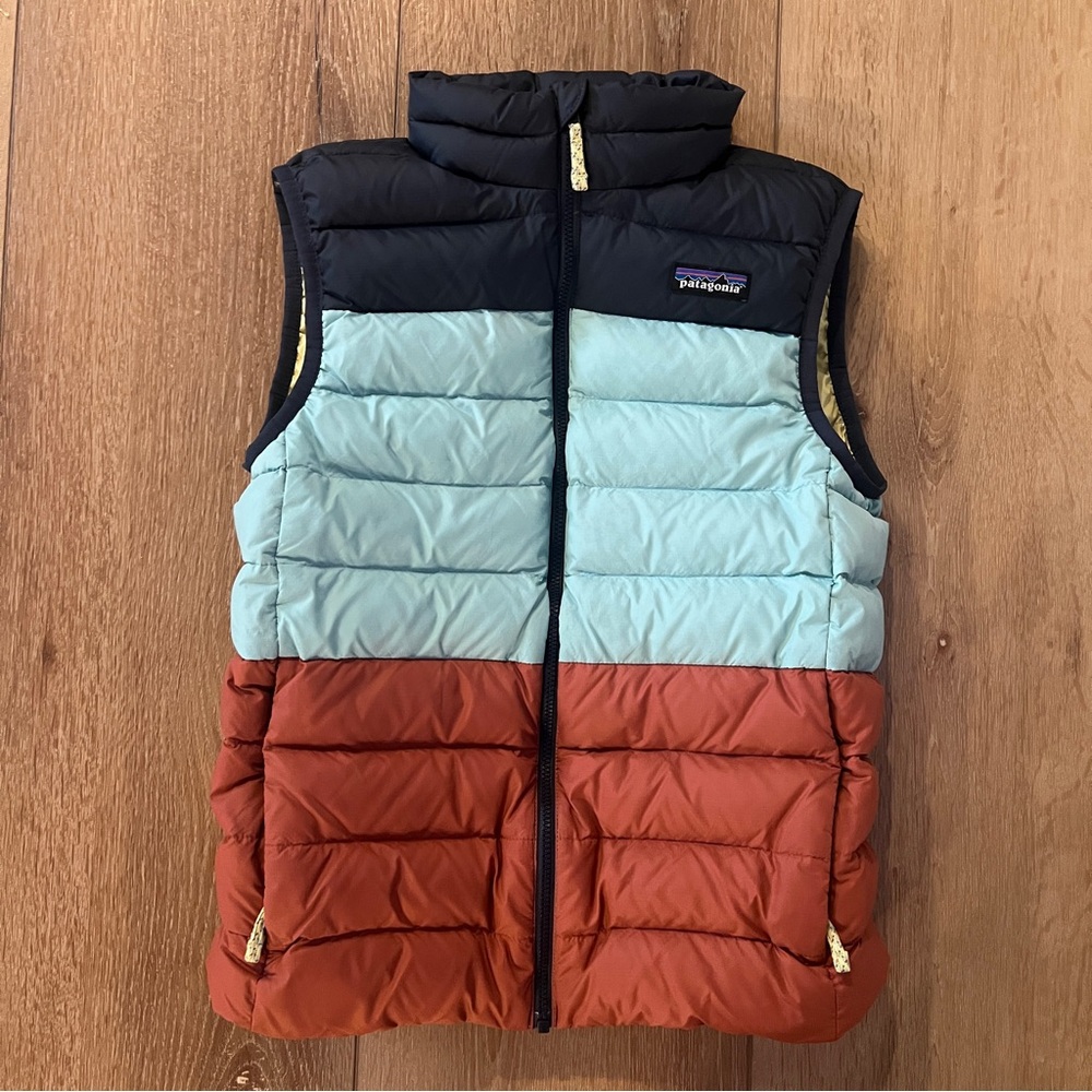 Patagonia Vest Boys L 12 Blue Color block Puffer Insulated Zip Winter Warm